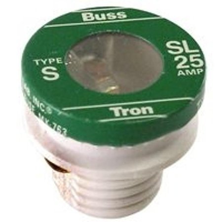 EATON BUSSMANN Plug Fuse, SL Series, Time-Delay, 25A, 125V AC, Indicating, 10kA at 125V AC BP/SL-25